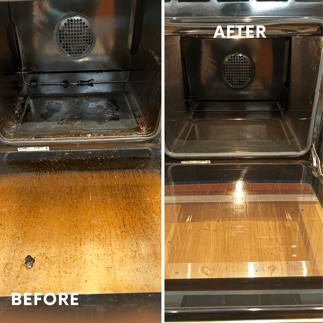 Before and after oven cleaning Perth showing removal of heavy grease and burnt food buildup