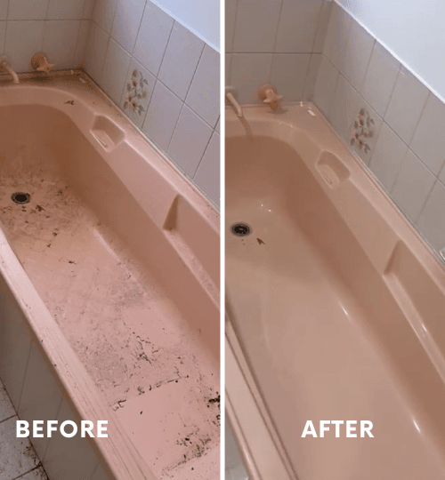 Bathroom tub cleaning in Perth showing before and after results for end of lease cleaning